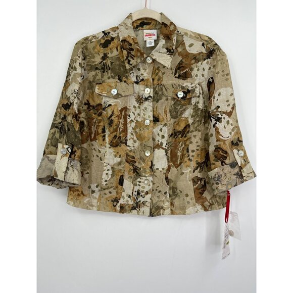 Ruby Rd. Burnout Button Roll Tab Sleeve Jacket Tan Brown 14 Petite NEW - Picture 2 of 5